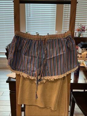 Anthropologie Blue Striped Lace-Trim Lounge Shorts